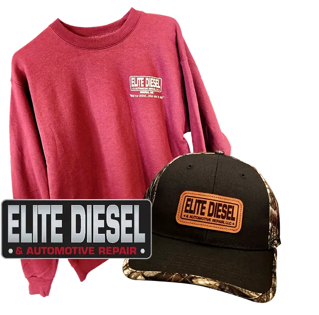 A maroon sweatshirt and a camouflage baseball cap, both featuring the Elite Diesel & Automotive Repair logo, are displayed next to a rectangular sign—a perfect showcase for fans of diesel truck repair in Wausa NE.