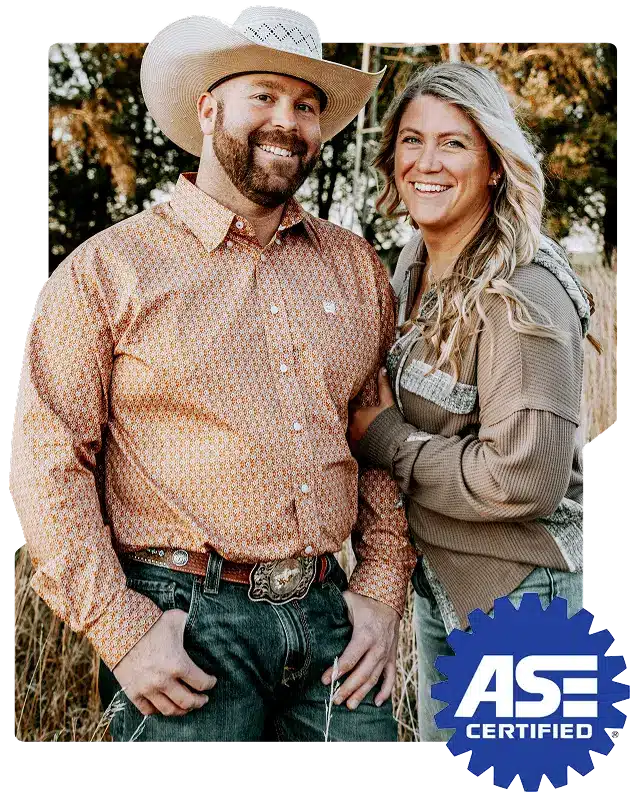A smiling man in a cowboy hat and a woman pose together outdoors. The man wears a patterned shirt and jeans; the woman wears a taupe top. An ASE certified diesel service badge is in the lower right corner.